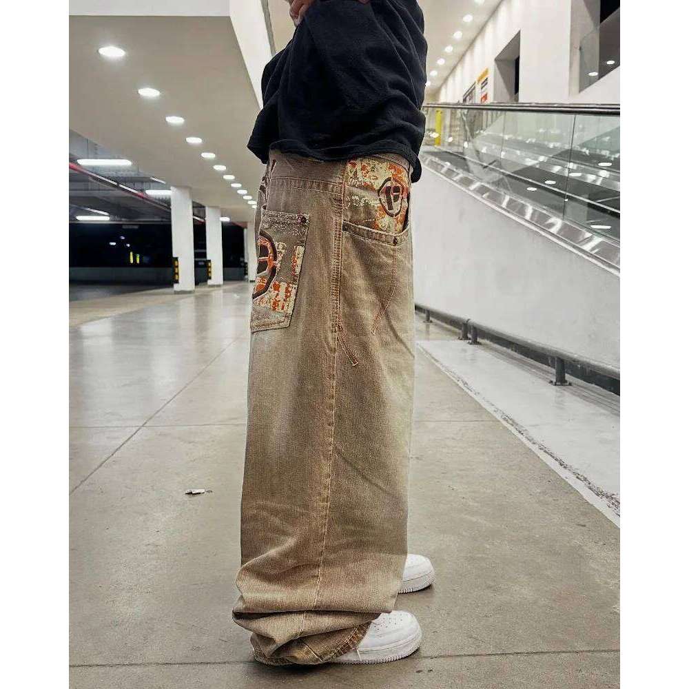Y2K American Fashion New Oversize Letter Embroidered Yellow Washed Baggy Jeans Men Vintage Gothic Popular Casual Wide-leg Pants
