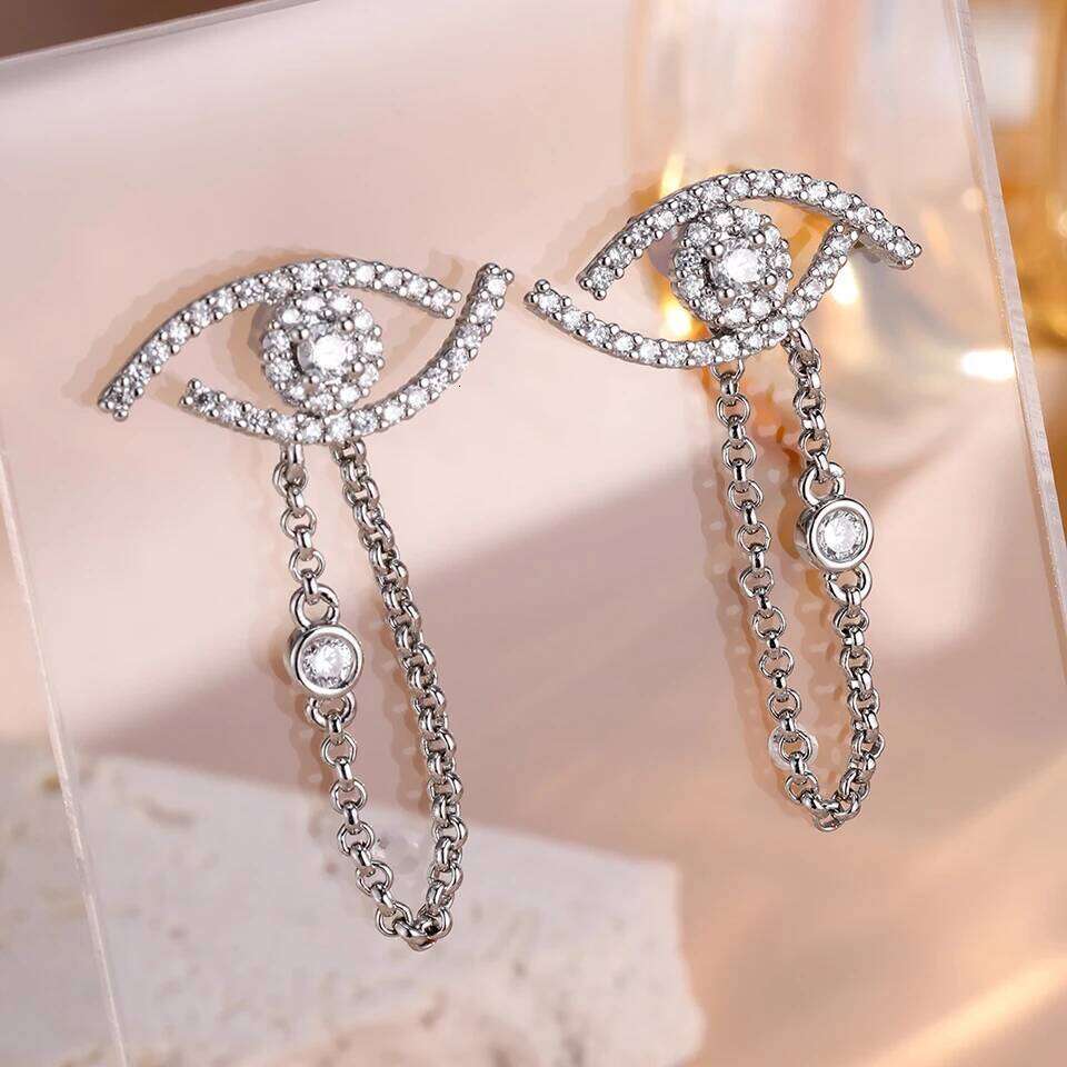 ZAKOL Trendy Turkey Evil Eye Zircon Inlaid Chain Tassel Earring Original Design Sliver Gold Color Wedding Party Ear Accessories