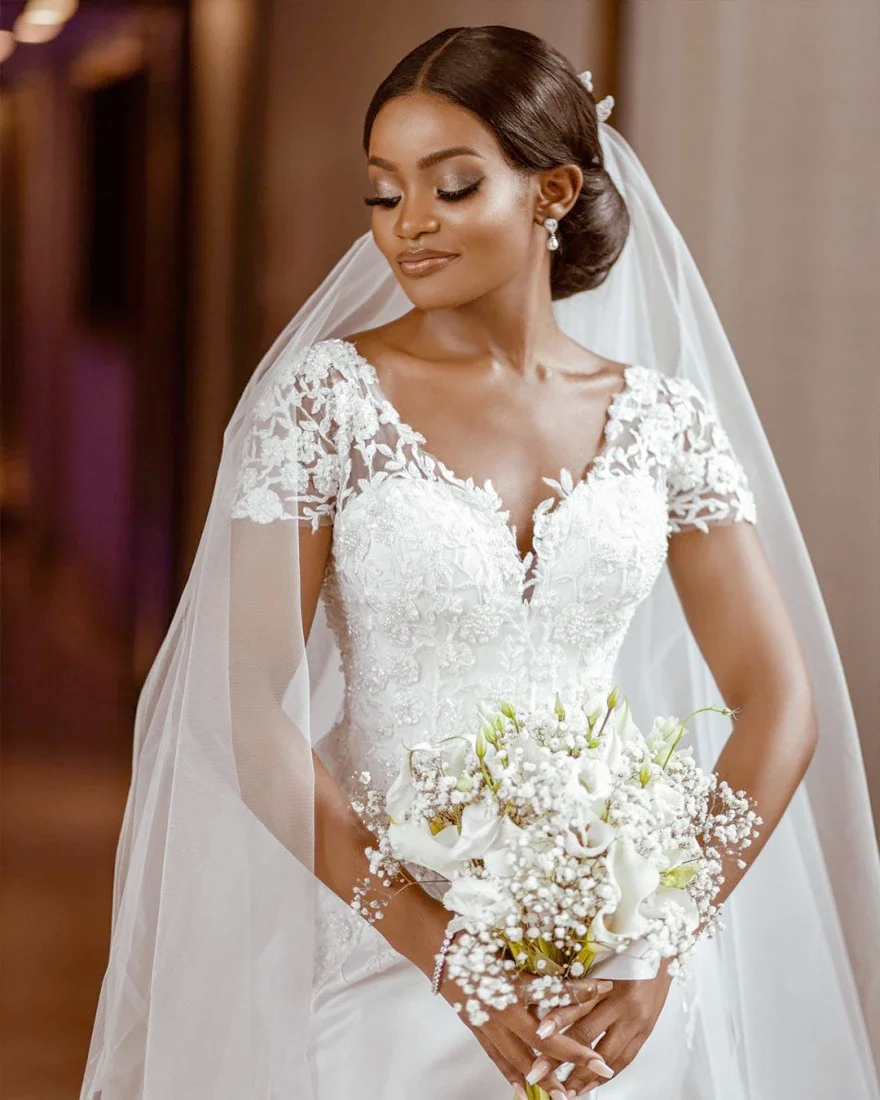 Sparkly Mermaid Satin Long Sleeve Wedding Dress 2026 Lace Appliqus Vestido De Noiva Sereia African Bridal Gown BC3061