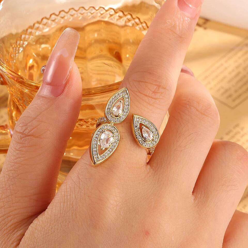 ZAKOL Shiny Pear-shaped Zircon Turkey Evil Eye Design Adjustable Open Rings Niche Fashion Couple Ring Engagement Jewelry Gift