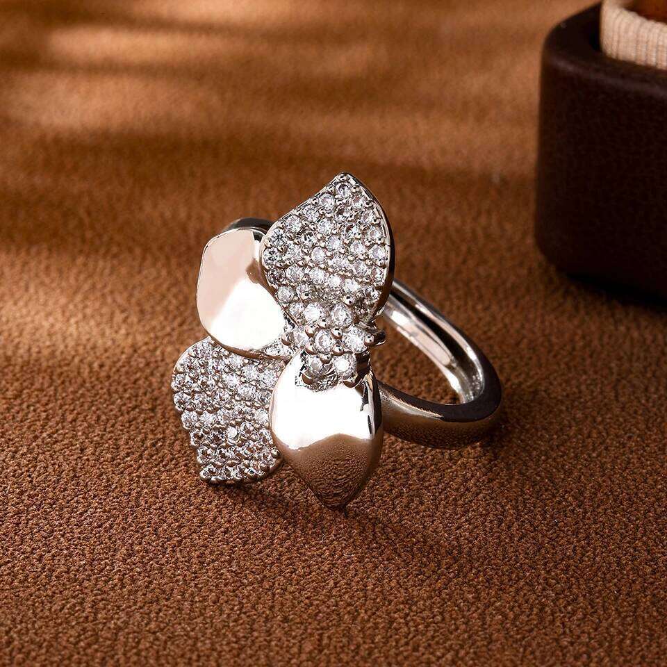 ZAKOL Brand Niche Design Crystal Zircon Leaves Flower Petals Open Rings for Women Exquisite Engagement Party Jewelry