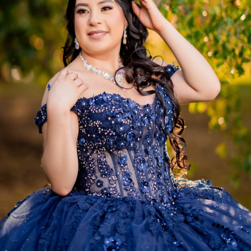 Navy Blue Shiny Quinceanera Dresses Ball Gown Off The Shoulder Applique Flower Beading Crystal Bow Tull Corset Party Birthday Sweet 16 Dres Vestidos 1