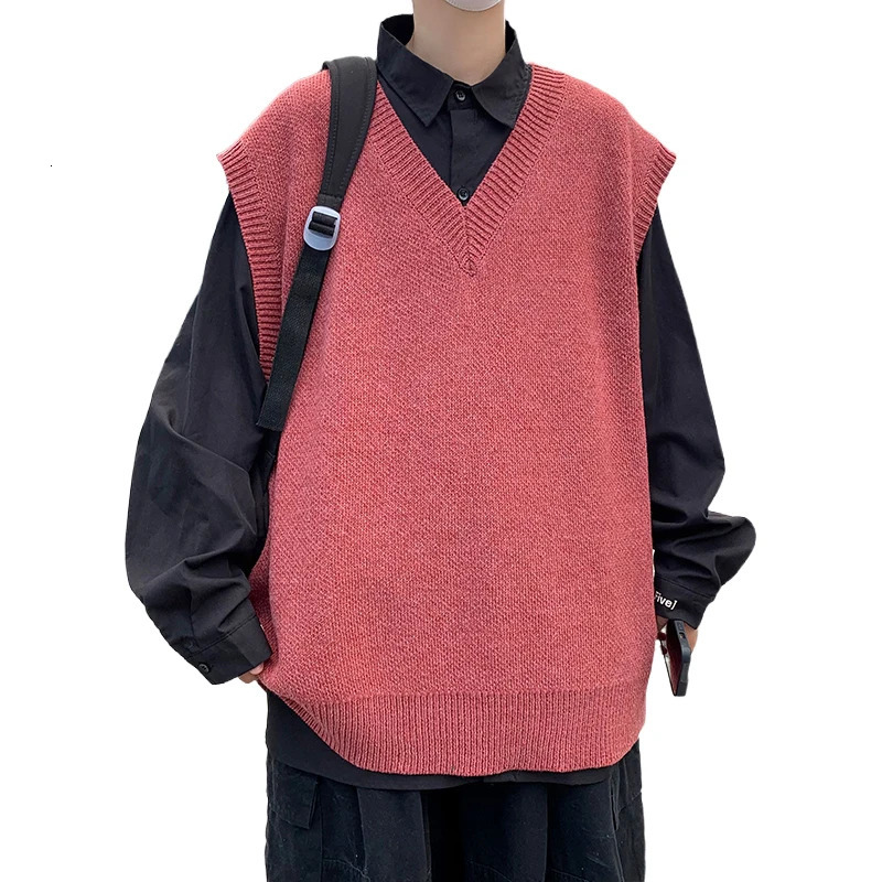 Hong Kong style loose 2025 autumn and winter mens vest knitted sweater for outerwear trendy camisole college Vneck 251225