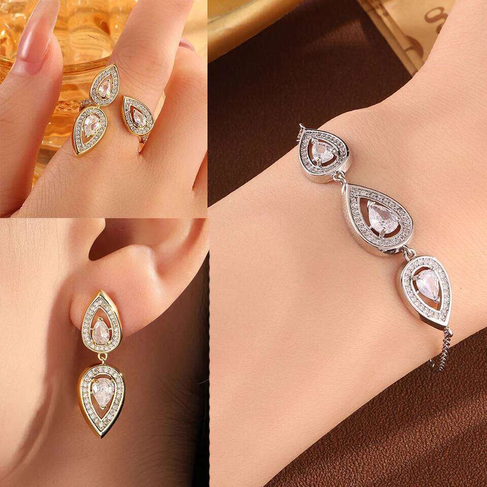 ZAKOL Luxury 18K Gold Plated AAA Cubic Zirconia Earring Necklace Jewelry Set Pear-shaped Water Drop Crystal Party Accessories