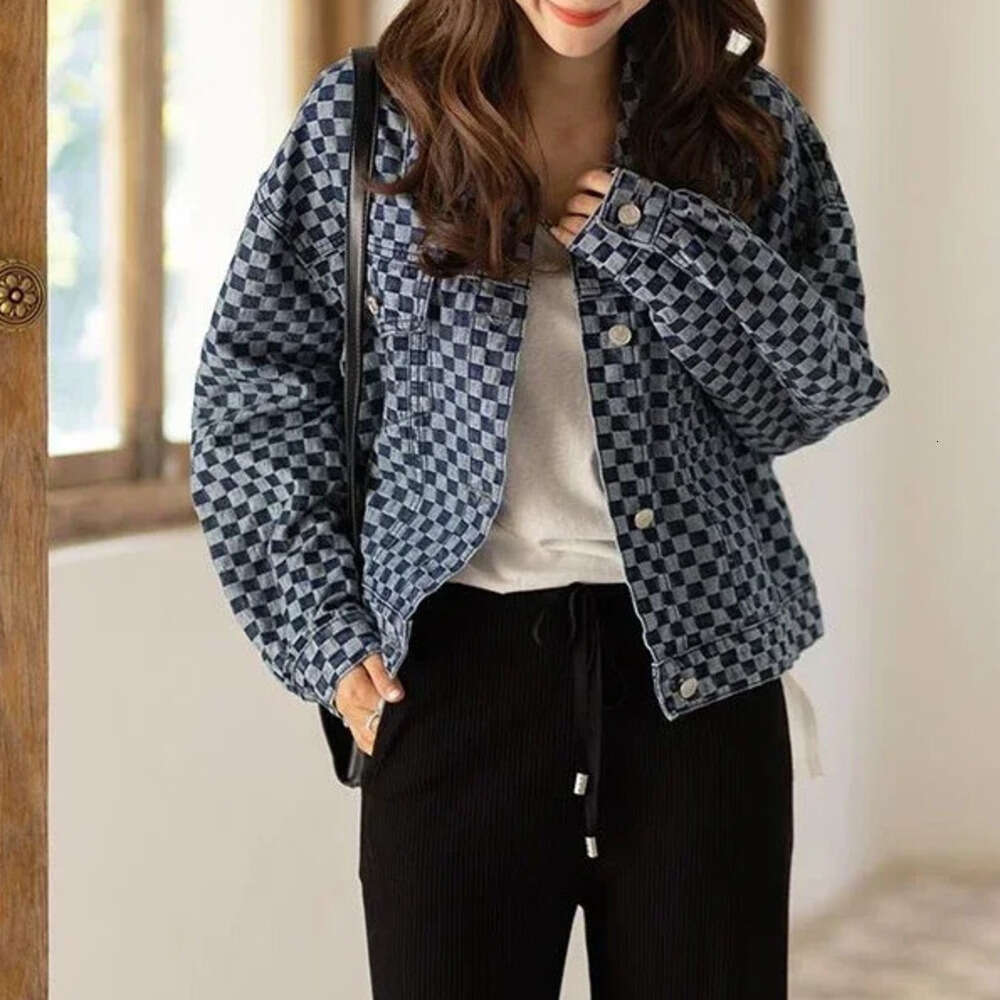 Spring Autumn Check With Print Graphic 2026 Designer Fashion Outerwears Blue Mix Color Female Jeans Coat Women's Denim Jackets Chic And Elegant L