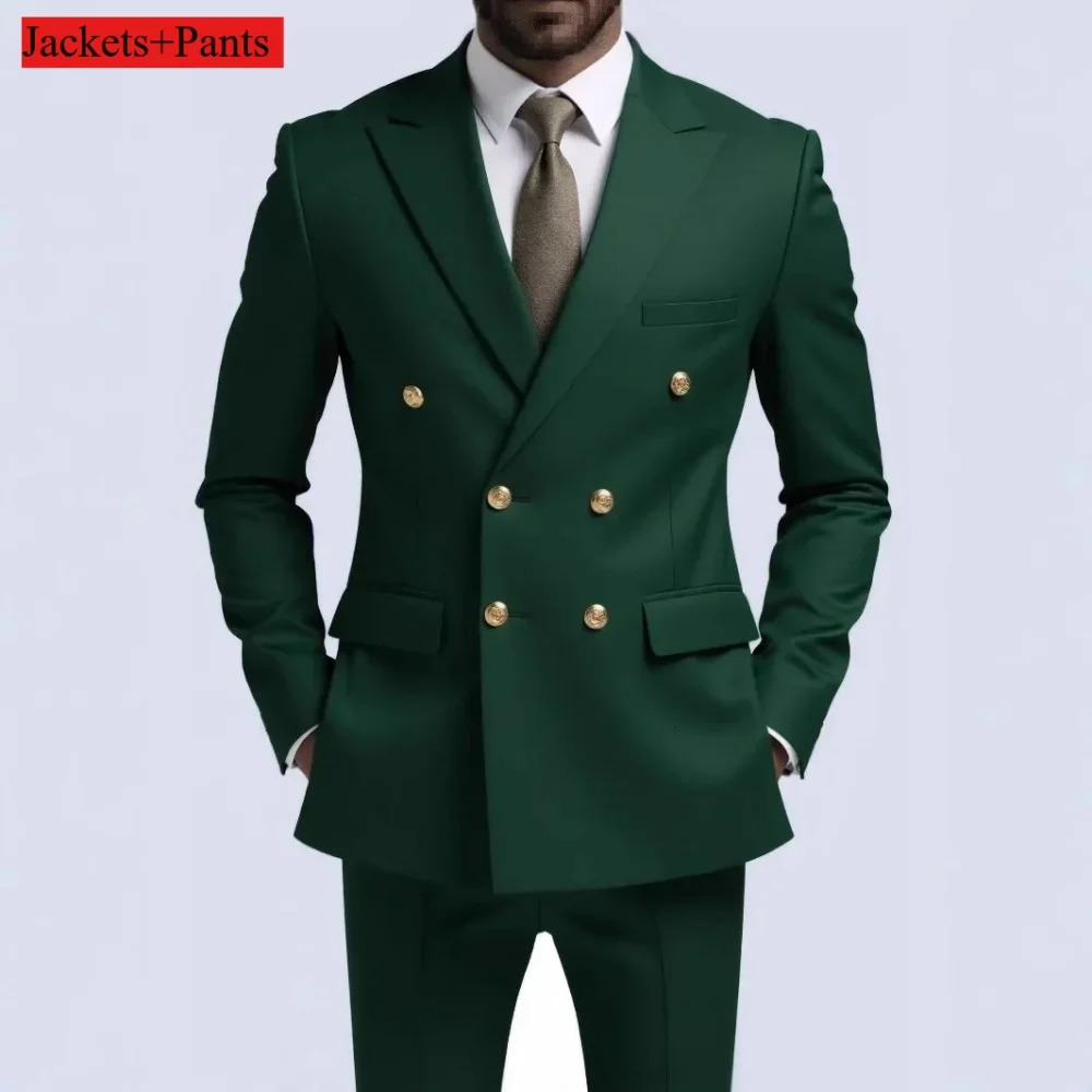 Mens Double Breasted Terno Slim Fit Black High Quality Wedding Party Dance Gold Buttoned Formal Suit Male Costume 251213