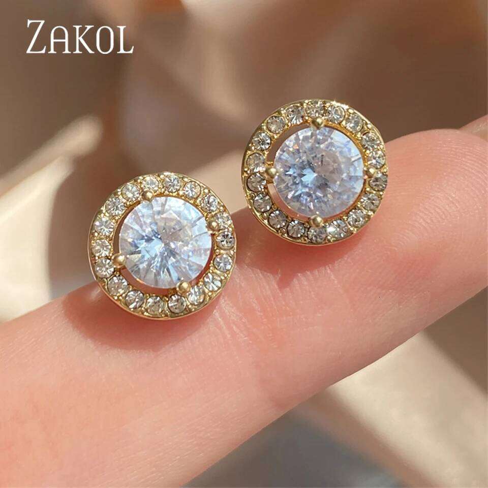ZAKOL Simple White Color Small Stud Earrings For Women Wedding Elegant AAA Zircon Crystal Round Jewelry
