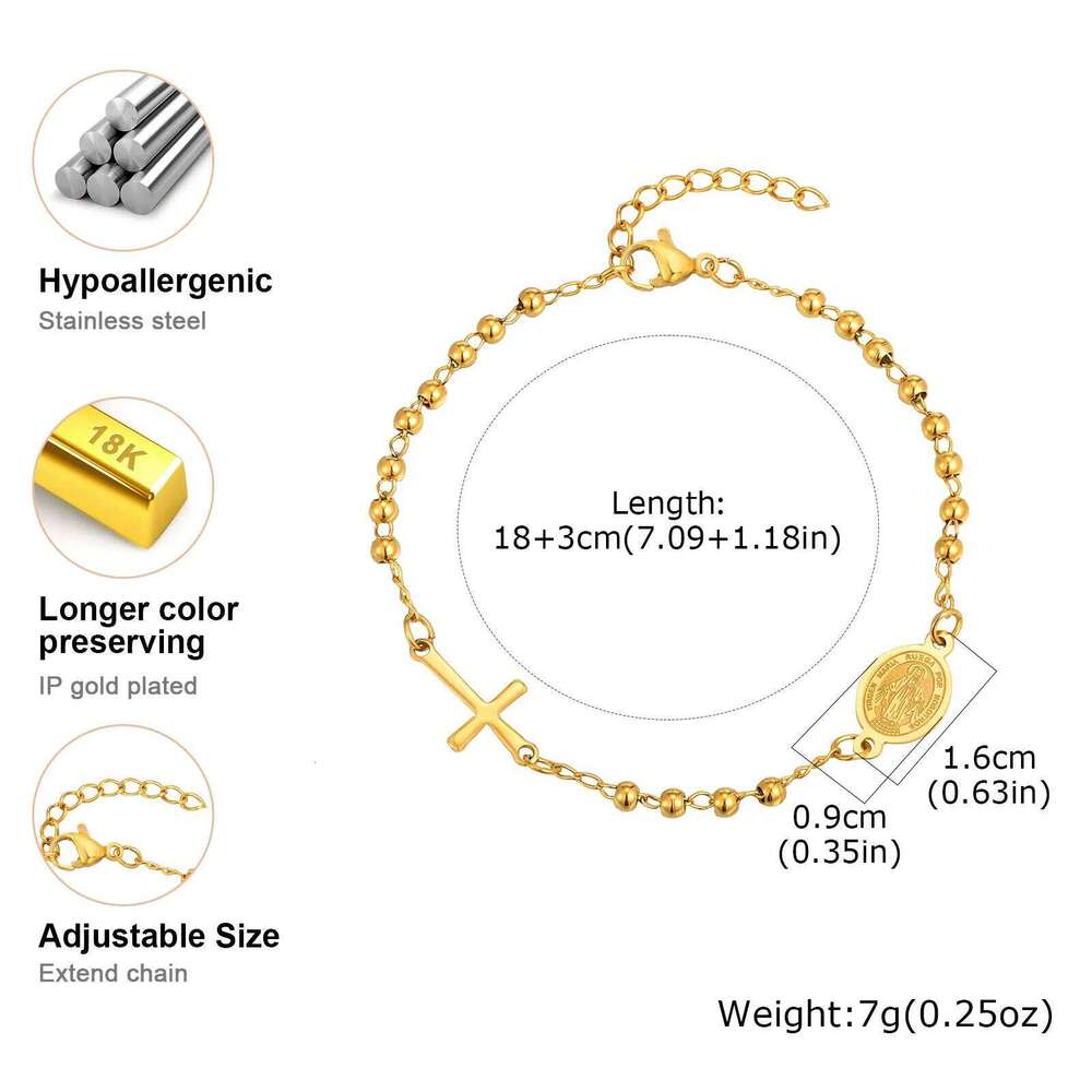Three-color Holy Rosary Cross Bracelet for Women,Round Bead Stainless Steel Gold Color Bracelet,Virgin Mary Christianity Jewelry 25H1229