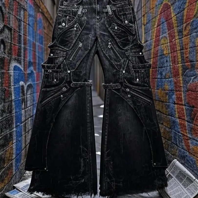 Streetwear Goth Punk MultiPocket Cargo Jeans Mens Black Distressed Flared Denim Pants with Straps Zippers Studs Frayed Edges 251218
