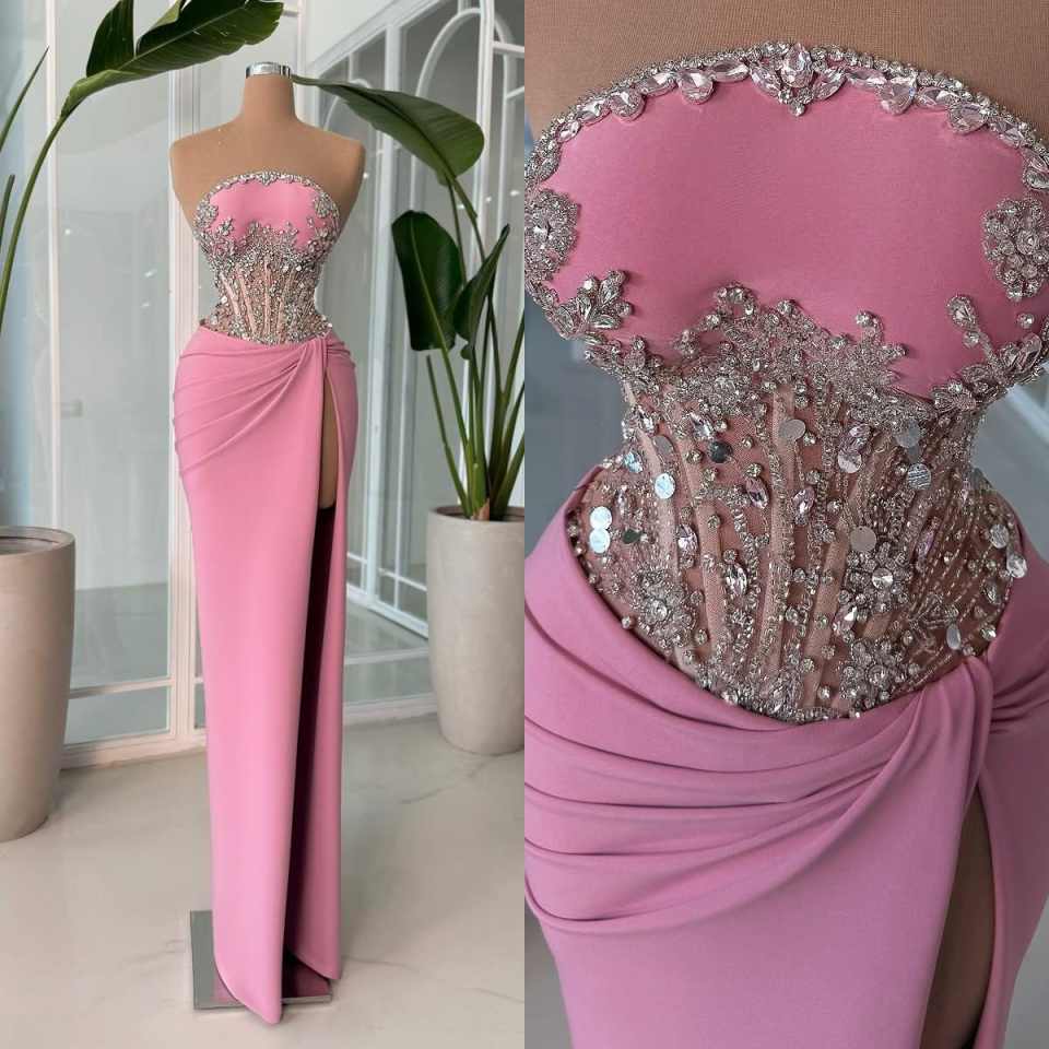 Gorgeous Crystals Evening Dresses Strapless High Slit Mermaid Prom Gowns Floor Length Formal Party Customized