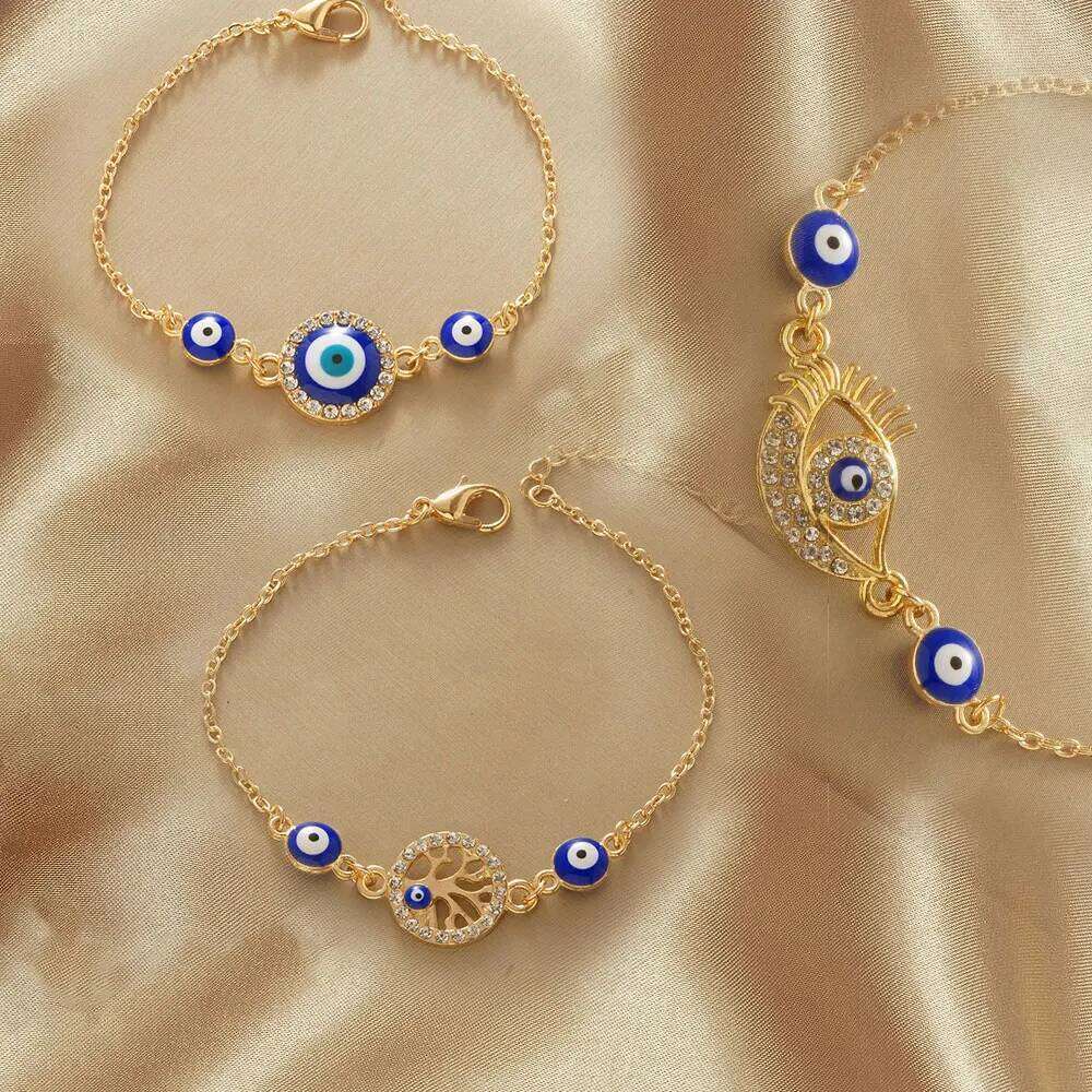 YILUOCD Bohemian Ovaly Blue Evil Eye Bracelet For Women 18k Gold Plating Tree of Life Chain Bracelets New Prayer Jewelry 25H1229