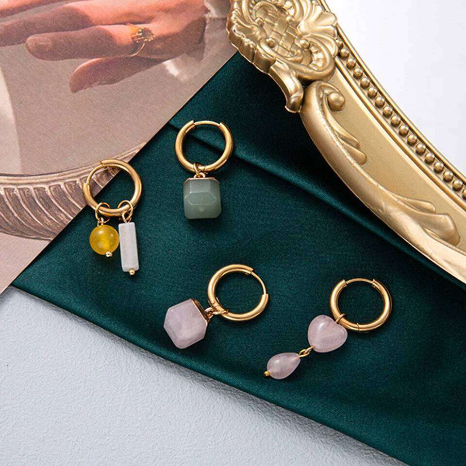 ZAKOL Vintage Natural Stone Agate Drop Simple Crystal Bead Asymmetric Earrings Bohemia Titanium Steel Jewelry for Women