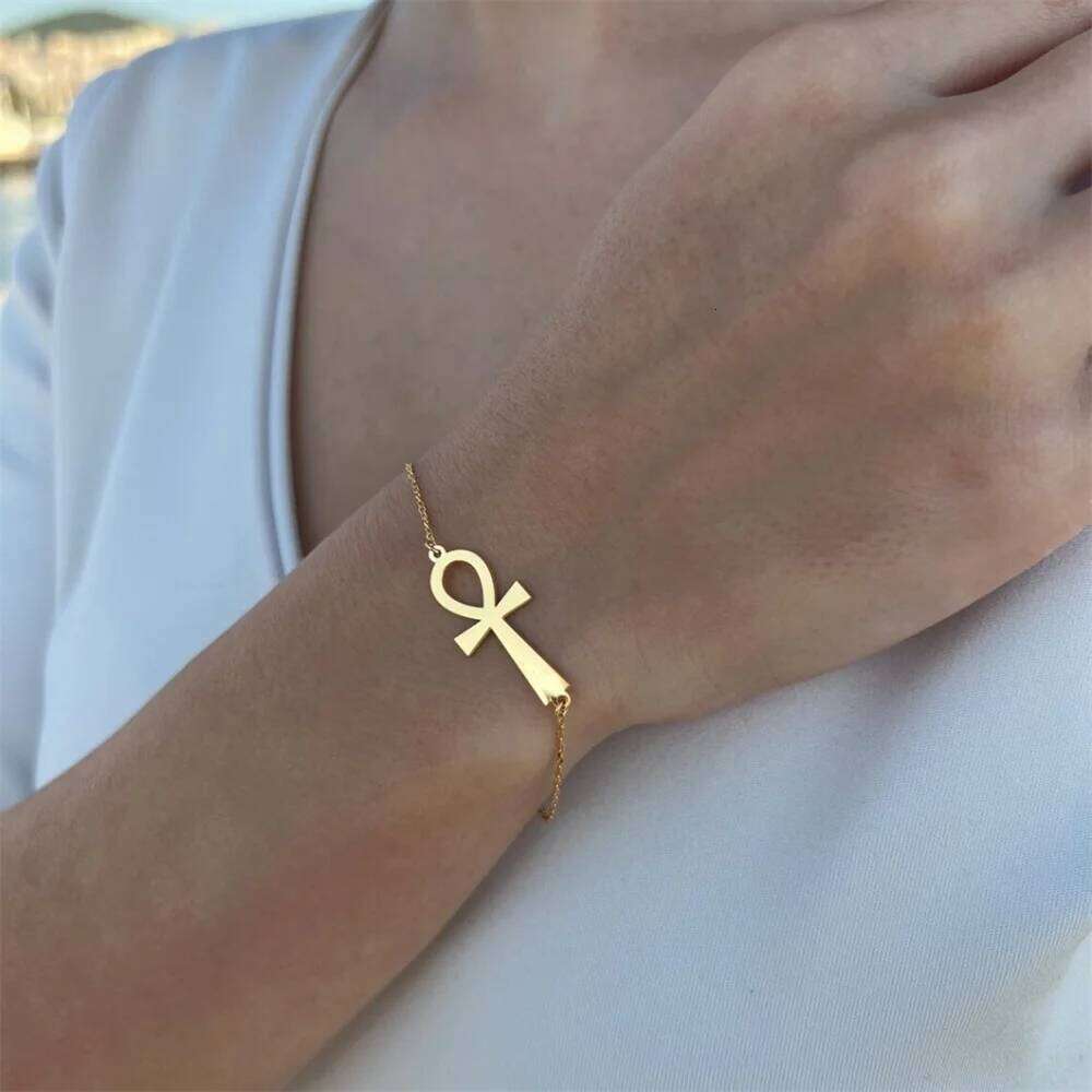 Minimalist Ancient Egypt Ankh Bracelet for Women Gold Color Stainless Steel Cross Wrist Chain Bangle Vintage Egyptian Jewelry 25H1229