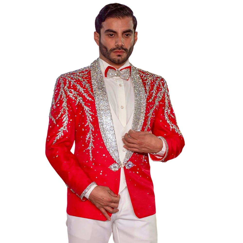 Stylish Men Suits Shawl Lapel Appliques Jacket 2 Pieces Tailor-Made Crystal Blazer One Button Groom Customized Coat White Pants Plus Size