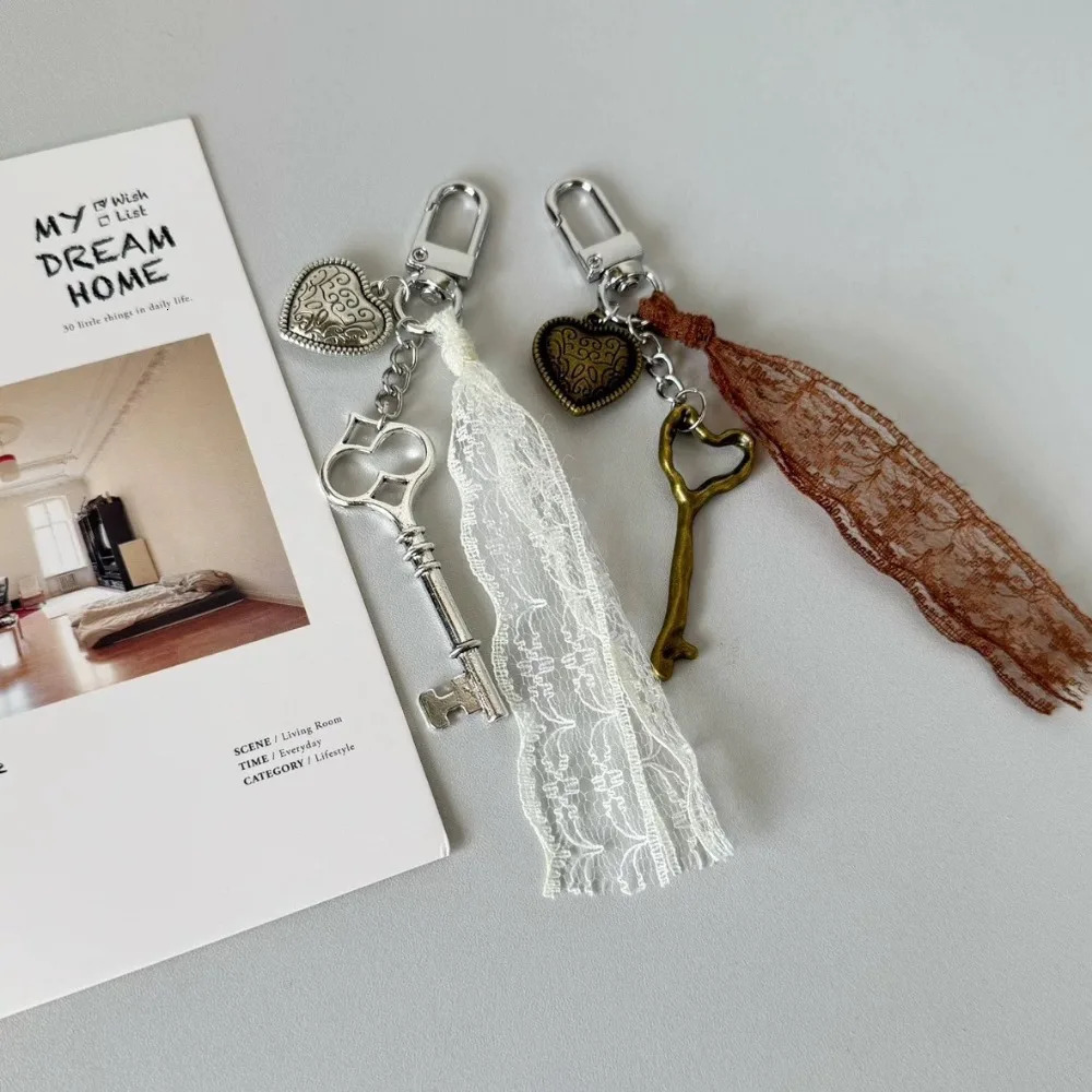 Ins Style Lace HeartShaped Pattern Key Cherry Chains Mirror Retro Y2k Cute Versatile Bag Hanging Decoration Keychain 251219