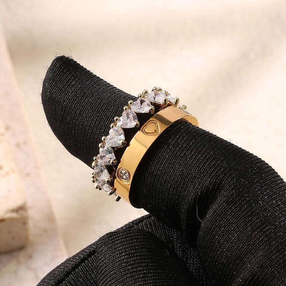 ZAKOL 2pcs/Set Heart Zircon Stainless Steel for Women Exquisite Buling CZ Finger Ring Valentine's Day Birthday Jewelry Gift