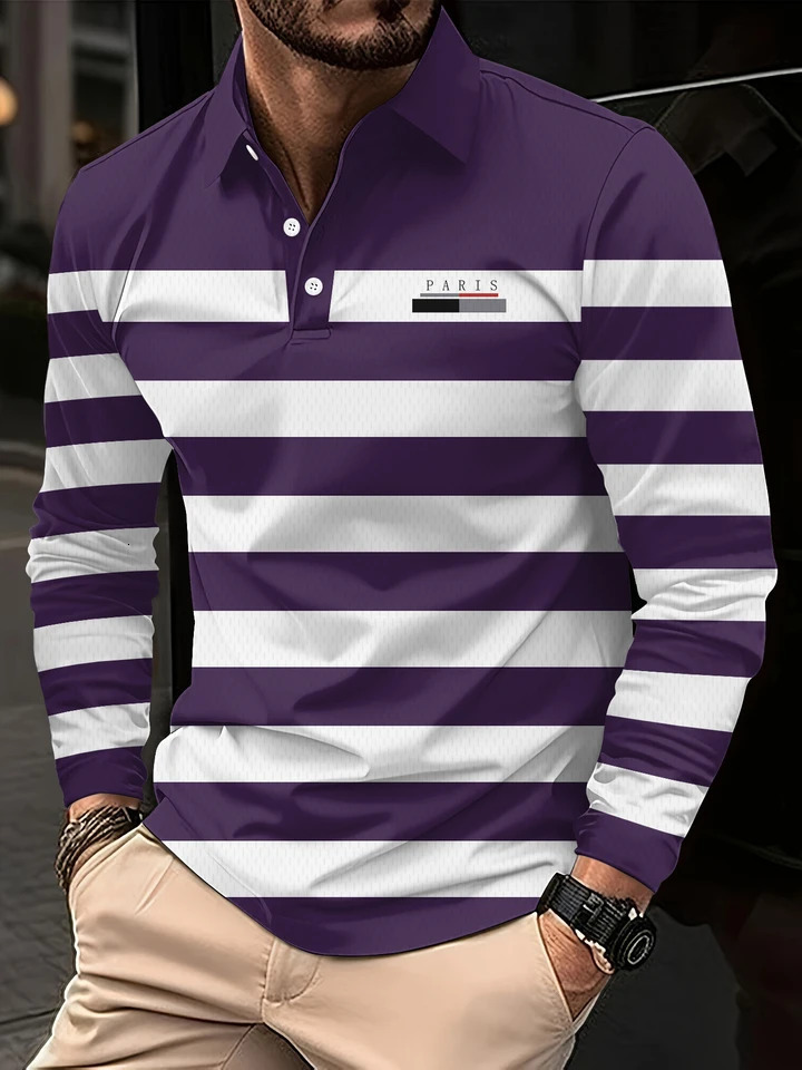 3D Paris Printed Mens Polo Shirts Autumn Classic Stripes Color Matching Fashion Turndown Collar Buttoned Long Sleeve Tops 251219