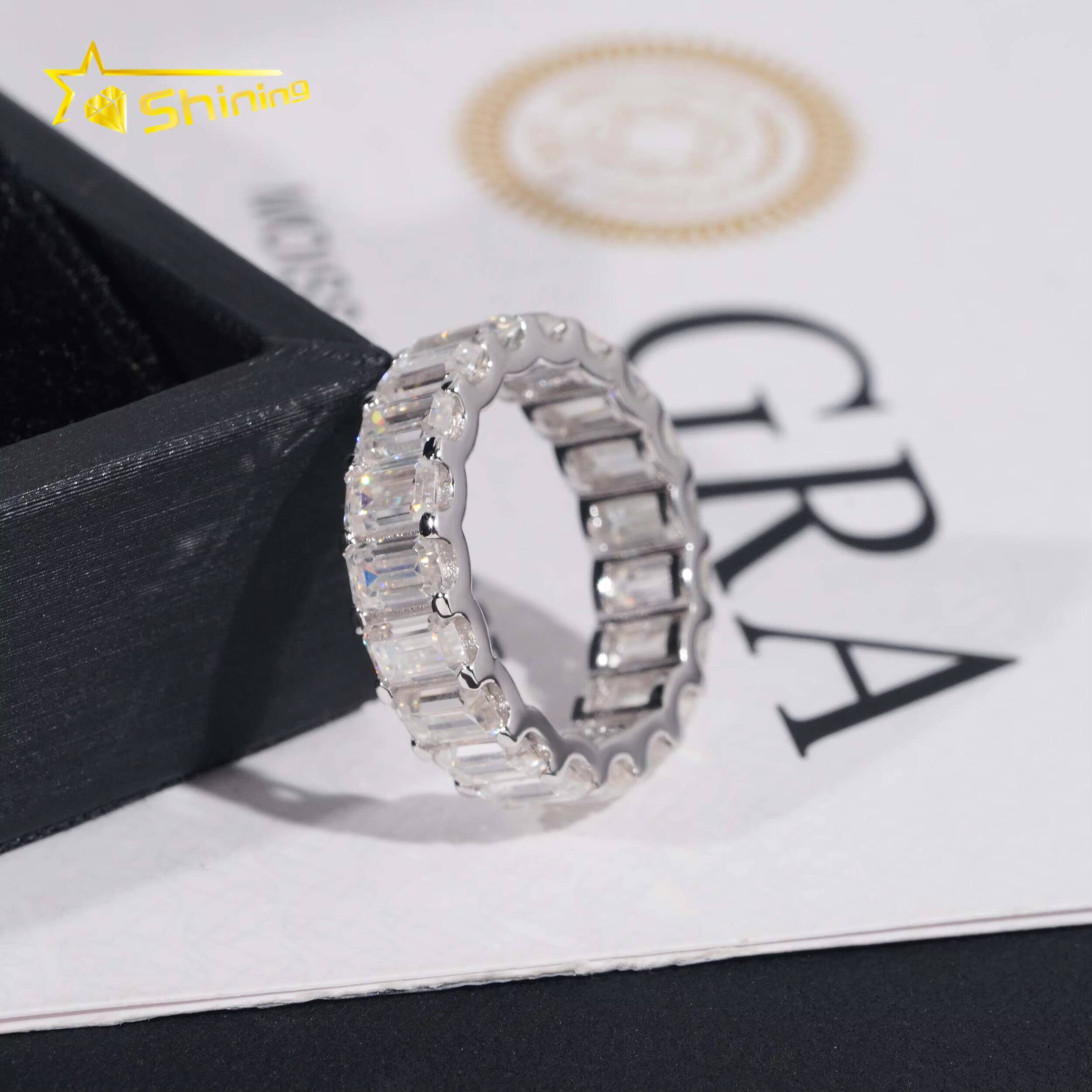 Moissanite Diamond Emerald Cut Eternity Band 925 Sterling Silver Wedding Moissanite Ring