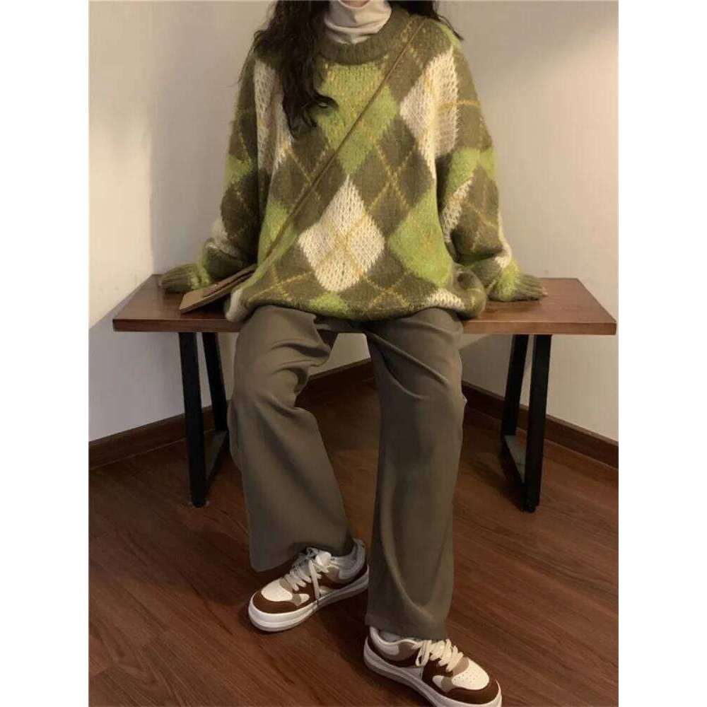 Retro Green Pullovers Women Cozy Minimalist BF Style Autumn Argyle Casual Harajuku Baggy Sweater Long Sleeve All-Match Knitwear