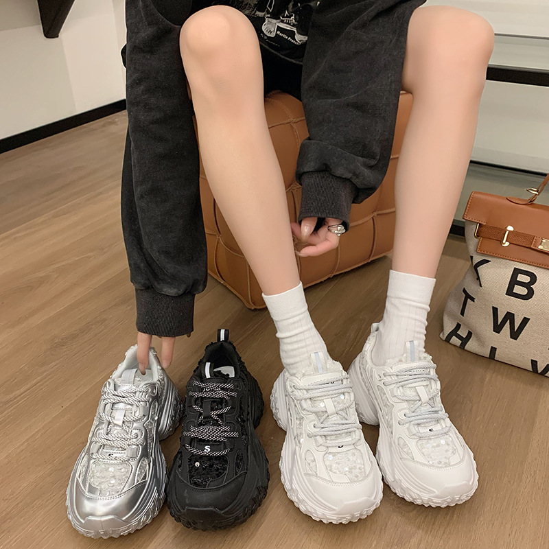 2026s Spring and Summer New Design Women Mesh Sequin Casual Shoes Tire Thick Sole Trendy Fashion Sports Shoes White Silver Black Free Shipping Size 35