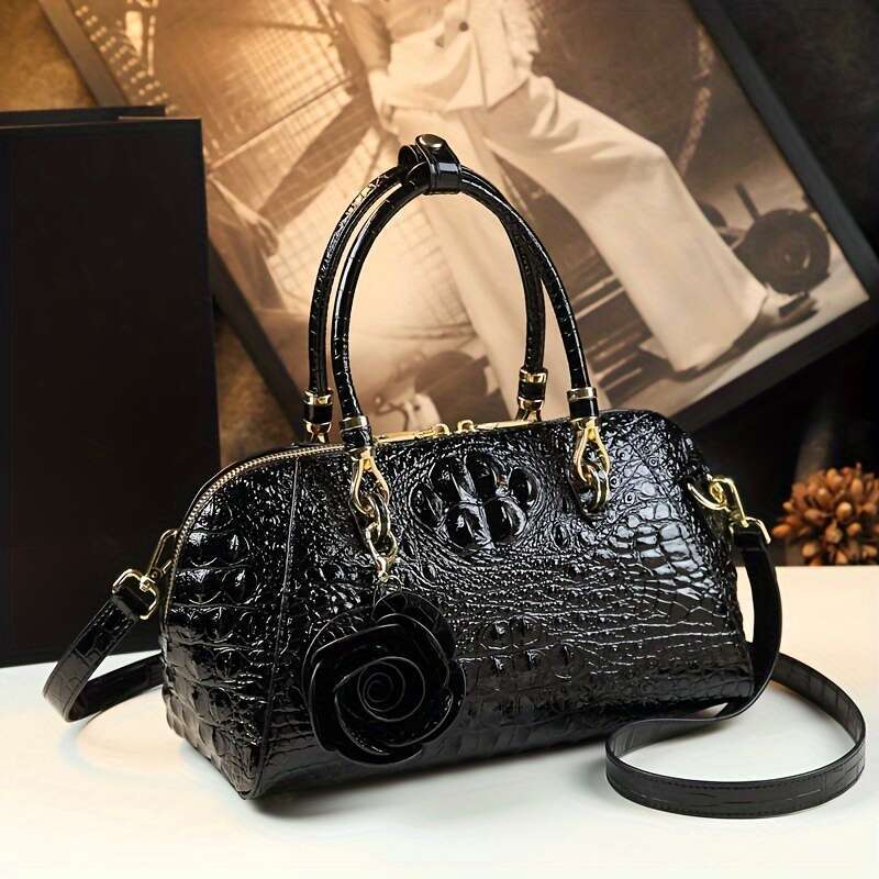 JINXIANGGUO Vintage Crocodile Pattern For Women Fashion Shoulder Handbag With Adjustable Strap Zipper Closure Polyester Lined Edge Paint Detail Multip