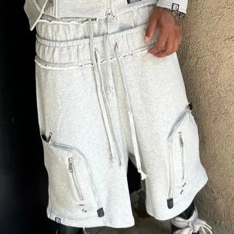 Black zippered double-sleeved shorts suit hooded sweatshirt sports suit American high street casual patchwork jacket 251223