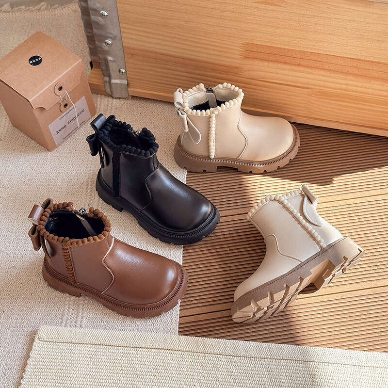 Children's British Style Short 2025 Autumn Winter New Korean Version Girls' Soft Sole Princess Martin Fleece Lined Leather Boots