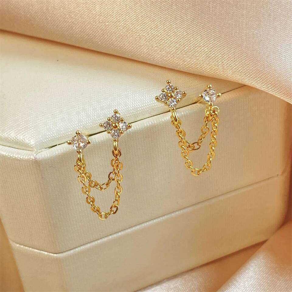 ZAKOL 1 Pair Colored Zircon Four-leaf Flower Stud Earrings Piercing Chain Helix Tragus Cartilage Ear Accessories for Women