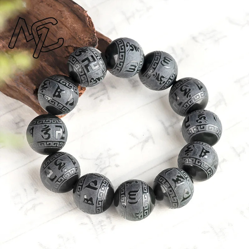 Natural Real an Ink Jade Six Character Mantra Beads Bracelet Charm Jewelry Bangle Fashion Accessories Gift for Women 251219