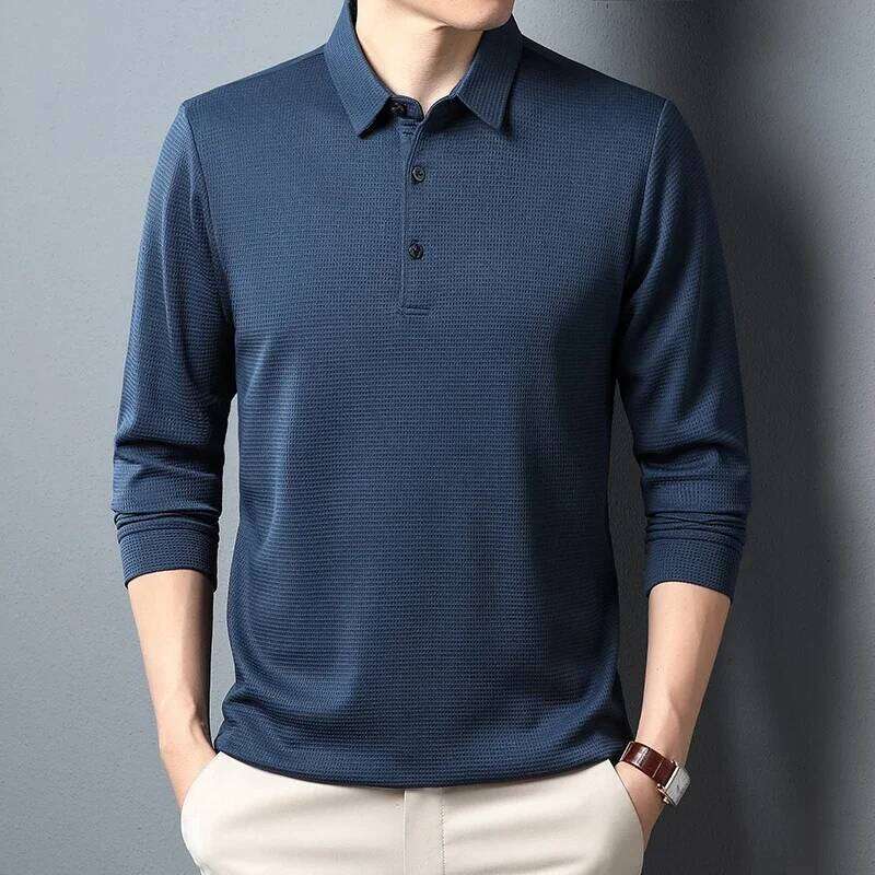 New Men's Business Fashion Casual Long Sleeved Solid Color Polo Shirt Fashionable Breathable Comfortable Versatile Top