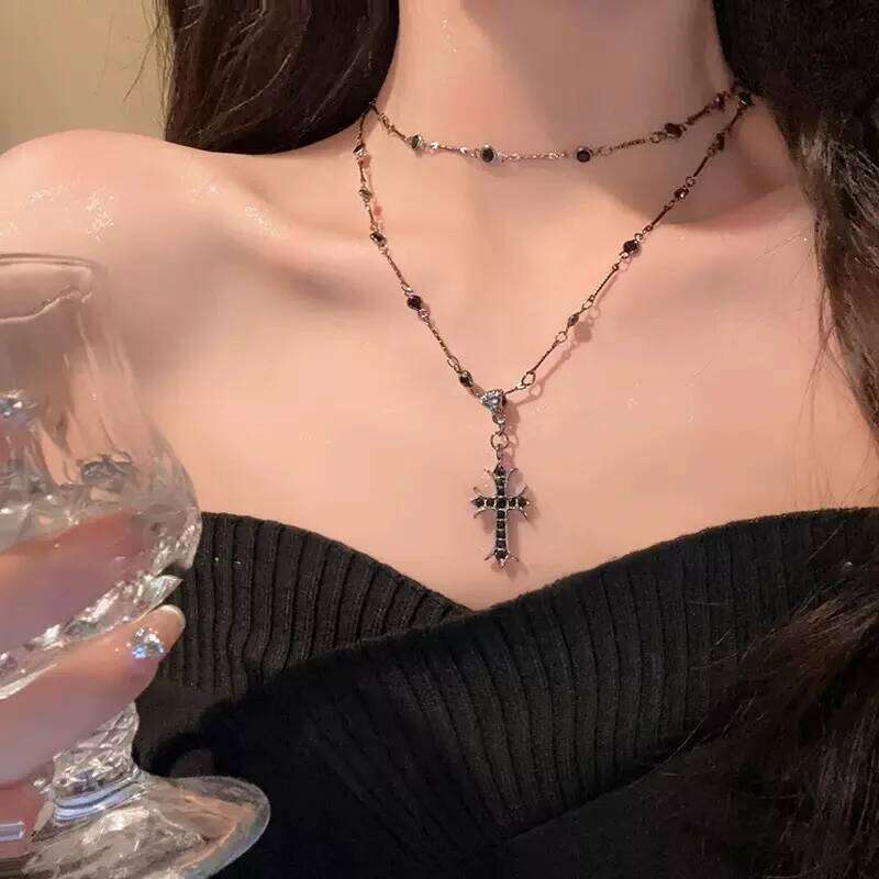 ZAKOL Neo-Gothic Cross Zirconia Necklaces For Women Girls Black Crystal Crucifix Clavicle Chain Choker Jewelry Festival Gifts
