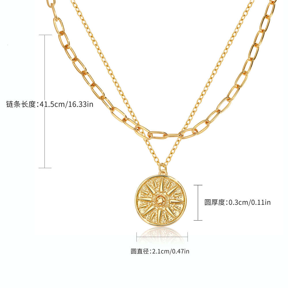 Fashion Retro Style Niche High-End Layered Necklace Sun Design Pendant Copper Gold-Plated Women's Jewelry