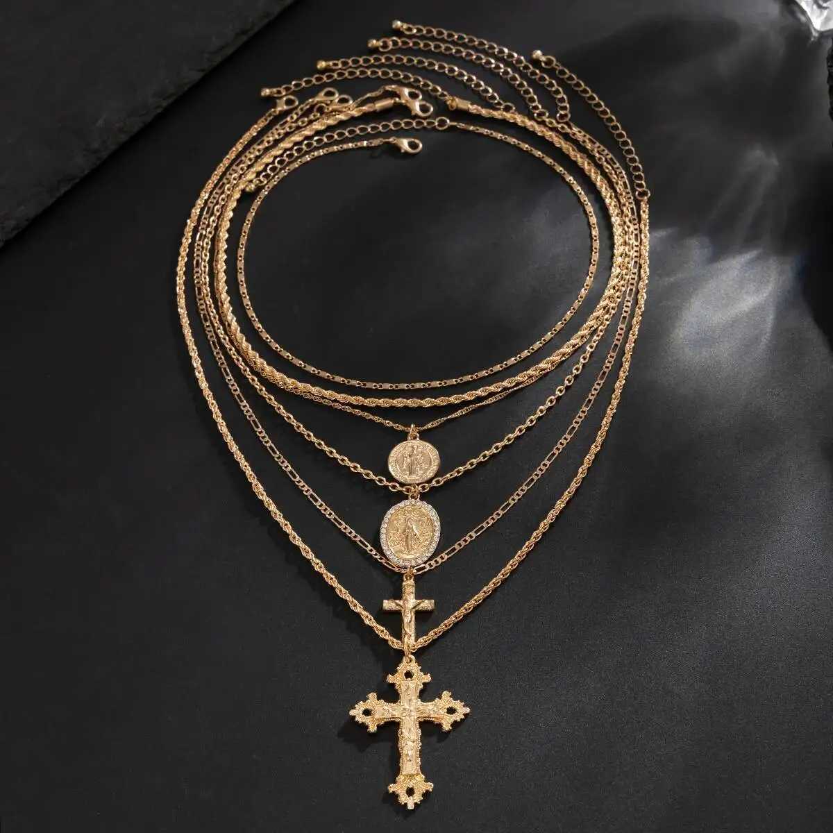 Salircon 6 Pcs/Set Hip Hop Punk Jesus Cross Pendant Necklace Women Men Trendy Gold Color Adjustable Clavicle Chain Jewelry Gift Y251227