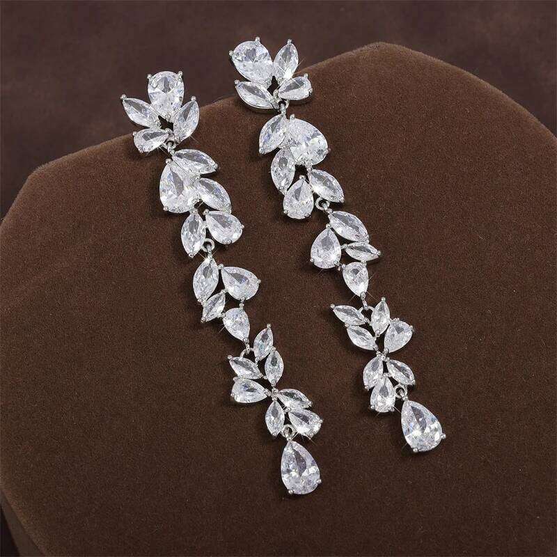 ZAKOL Luxury Leaf Cubic Zirconia Long Earrings For Women Elegant Shiny CZ Bridal Earring Party Wedding Jewelry