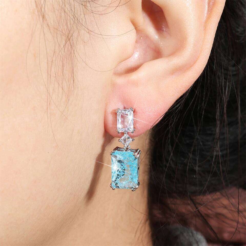 ZAKOL Elegant Blue Stone Dangle Earrings for Women Geometric Rectangle Zircon Wedding Party Ear Accessories