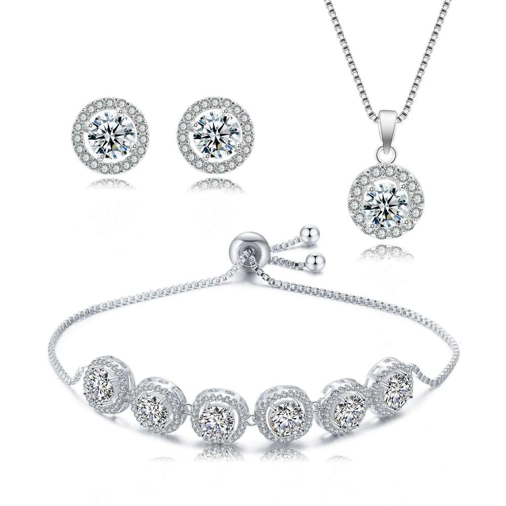 ZAKOL 3 Pcs Jewelry Set for Women Bridal Clear Round AAA Zircon Earrings Bracelet Necklace Sets With Gift Box