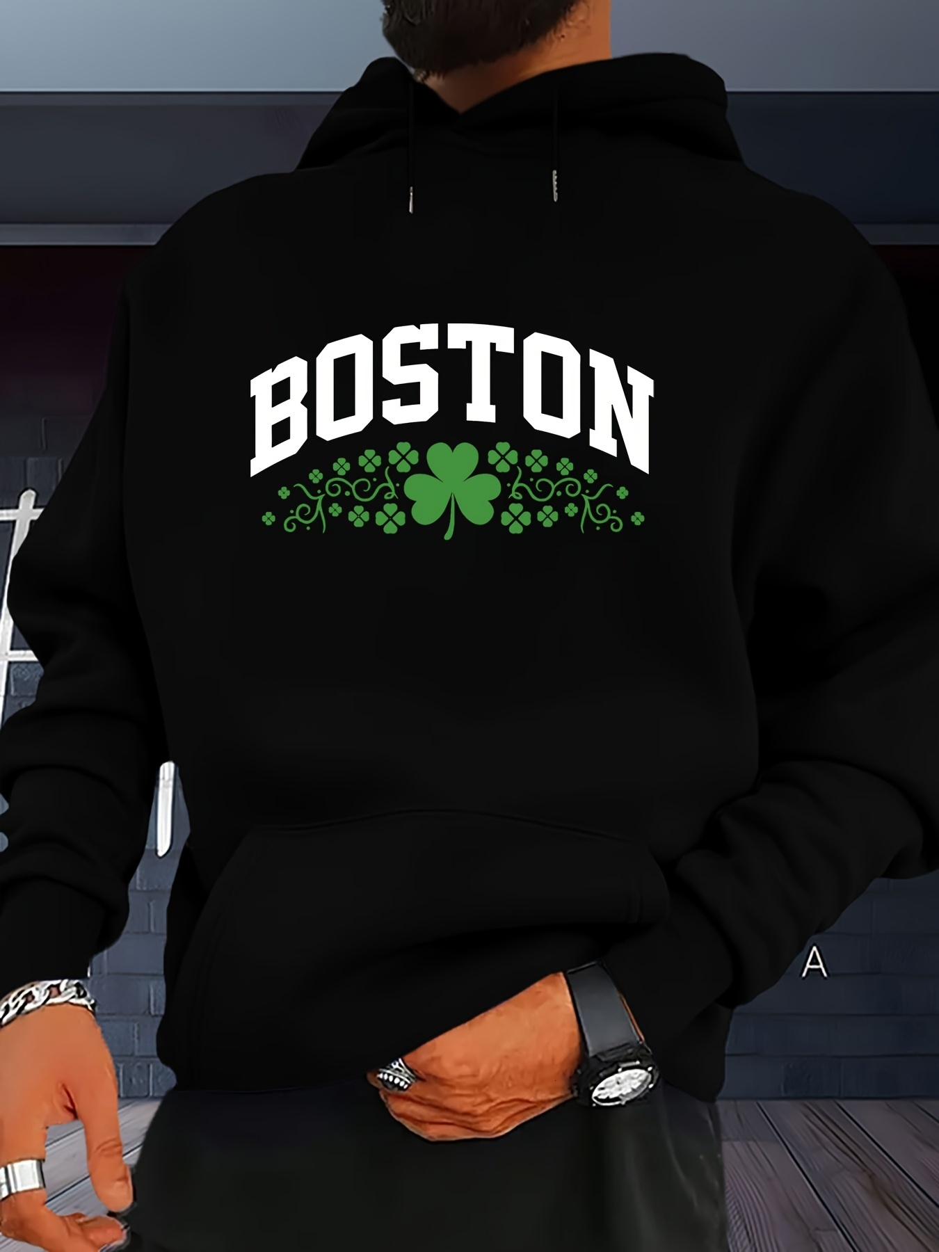 Men'S Casual Boston Green Clover Print Hoodie - 95% Polyester 5% Spandex, Long Sleeve, Regular Fit, Slight Stretch, Kangaroo Pocket, Machine Wash