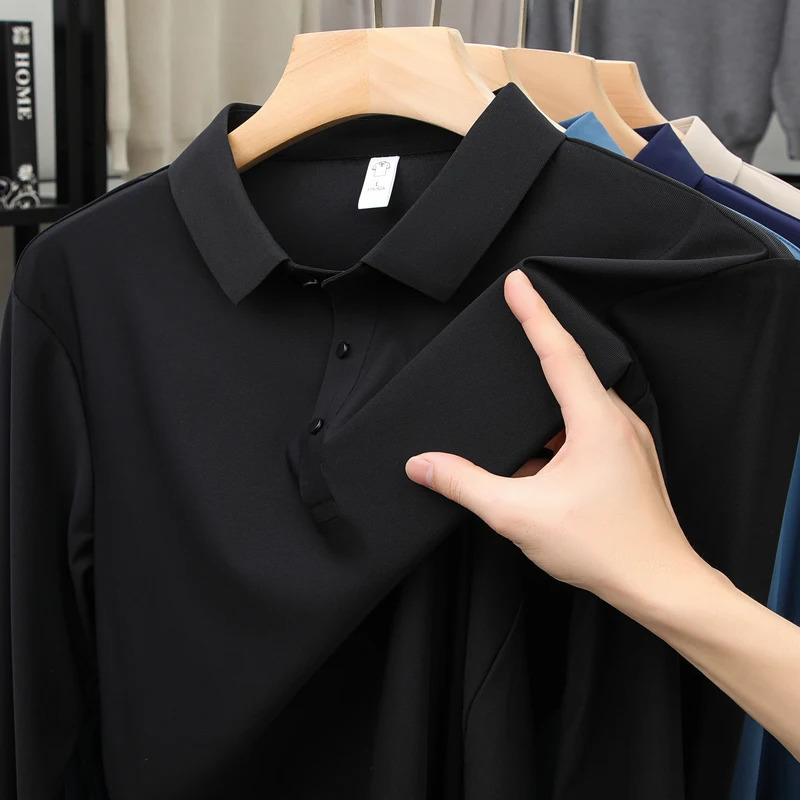 Mens high quality summer lapel mens short long sleeve polo shirt Embroidery solid color business casual mens polo shirt 251224