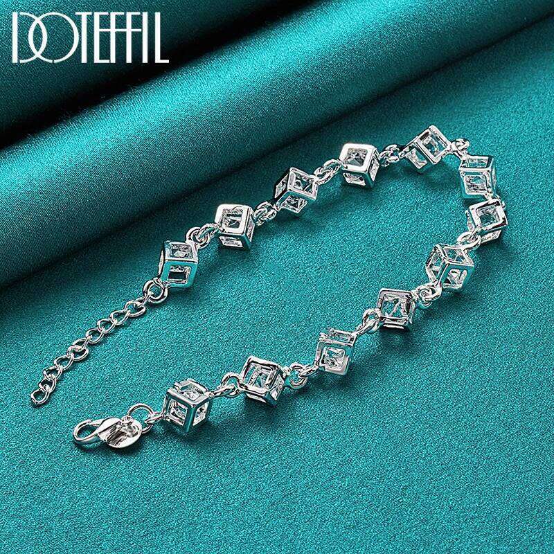 DOTEFFIL 925 Sterling Silver Square AAA Zircon Chain Bracelet For Women Wedding Engagement Party Fashion Jewelry 25H1229