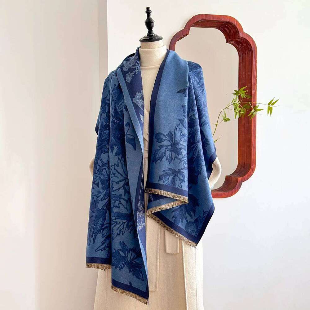 Elegant Floral Jacquard Shawl for Women Winter Thick Warm Double Sided Tassel Design Coldproof Windproof Blanket Scarf 25M1229
