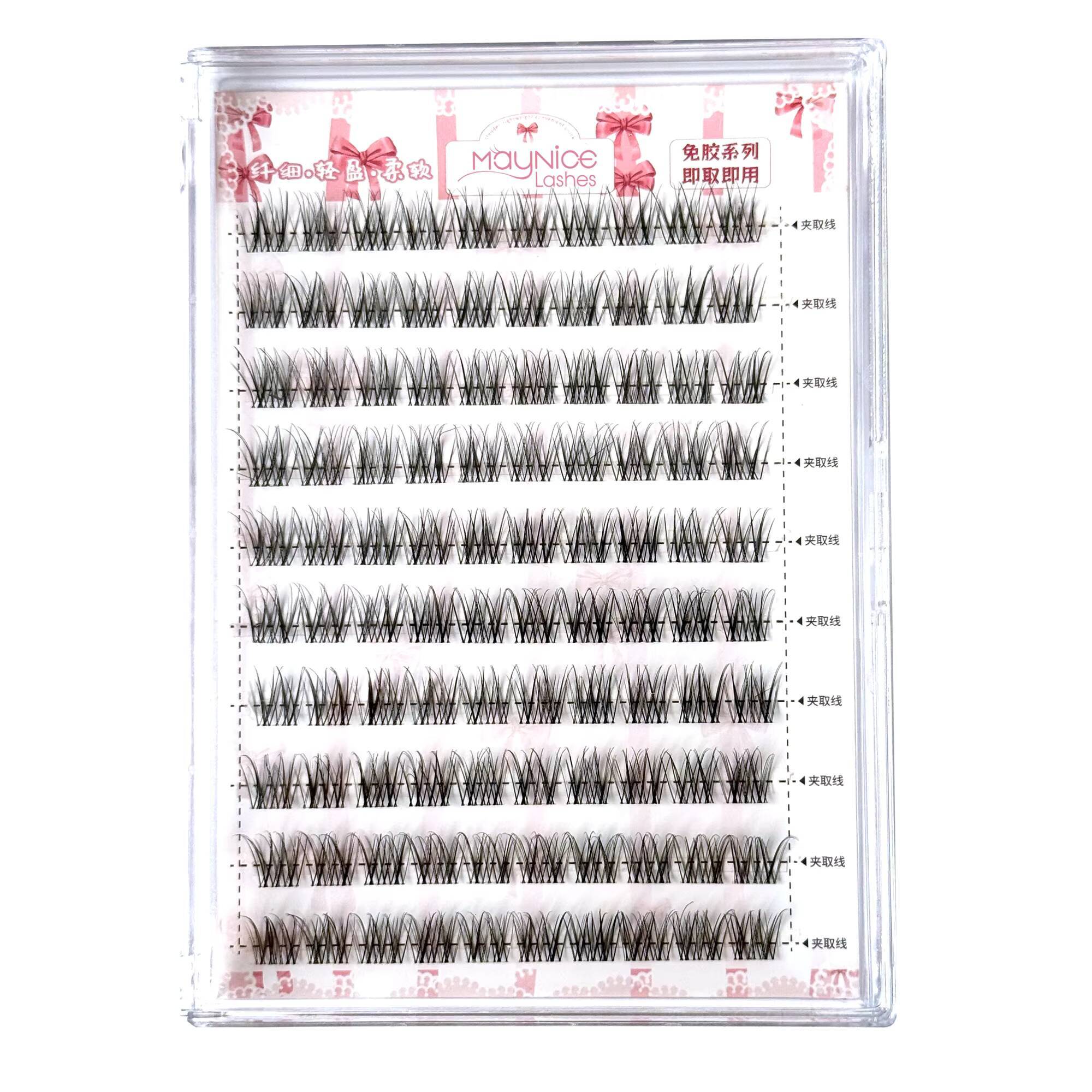 Hot Selling Luxury Clear Band Thin Base Press-on 3D Effect Cluster Eyelashes Custom Feather Style False Eyelashes