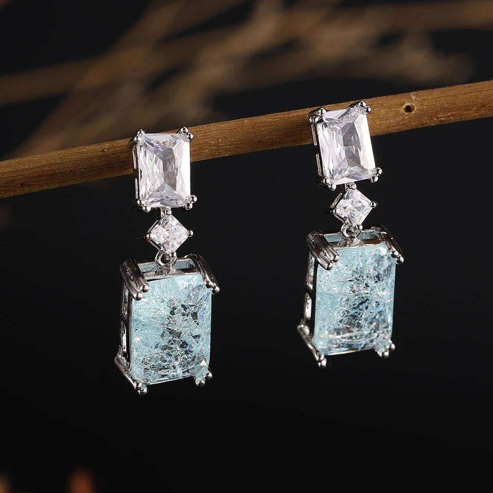 ZAKOL Elegant Blue Stone Dangle Earrings for Women Geometric Rectangle Zircon Wedding Party Ear Accessories