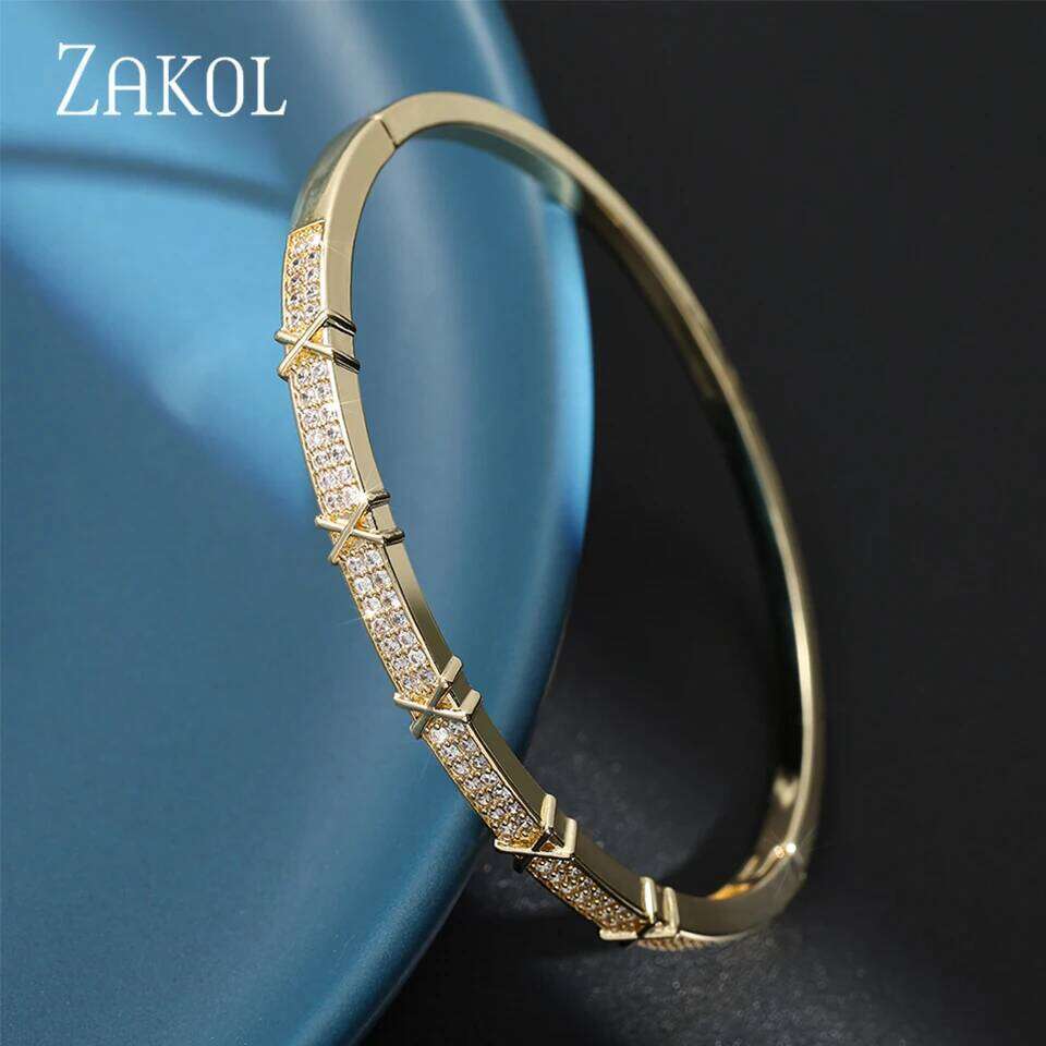 ZAKOL Luxury Shiny Zircon X Shaped Cross Bracelet Bangle for Women Men Exquisite Birthday Jewelry Gift