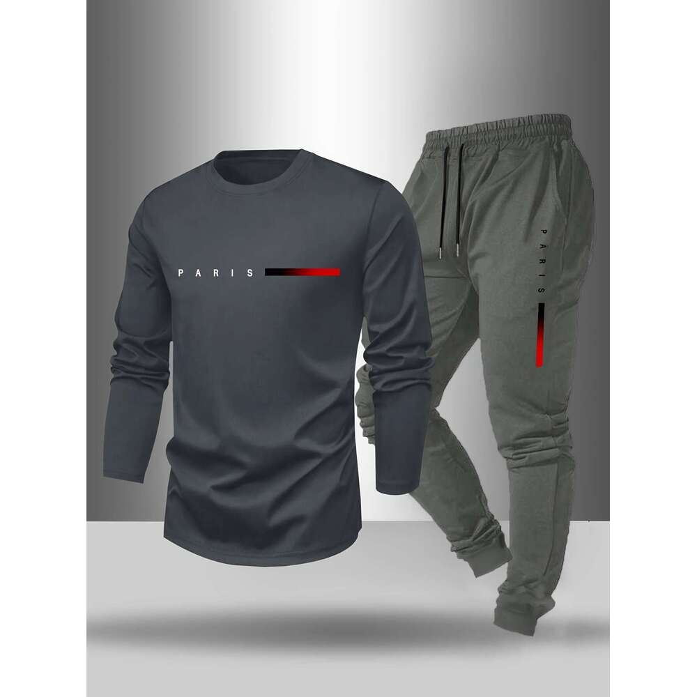 WONST Sportswear Men S And Set Spring Autumn With Paris Letter Print Crew Neck Long Sleeve T Shirt Drawstring Outdoor Casual Sports Pants Set Piece