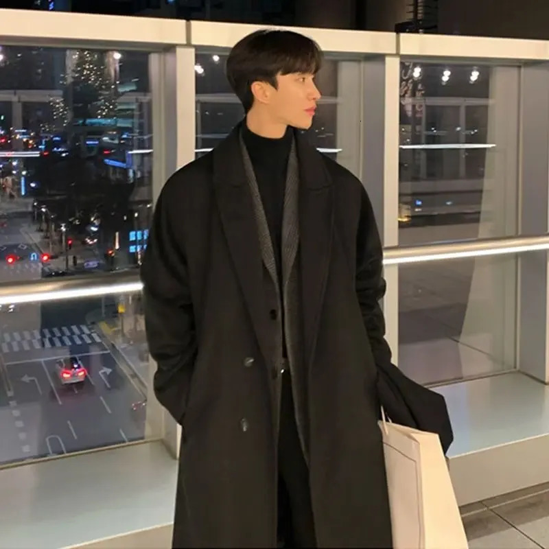 Lapel Mens Long Woolen Coat Korean Midilength Trench Coats Solid Color Classsic Mans Winter Windbreaker 251226