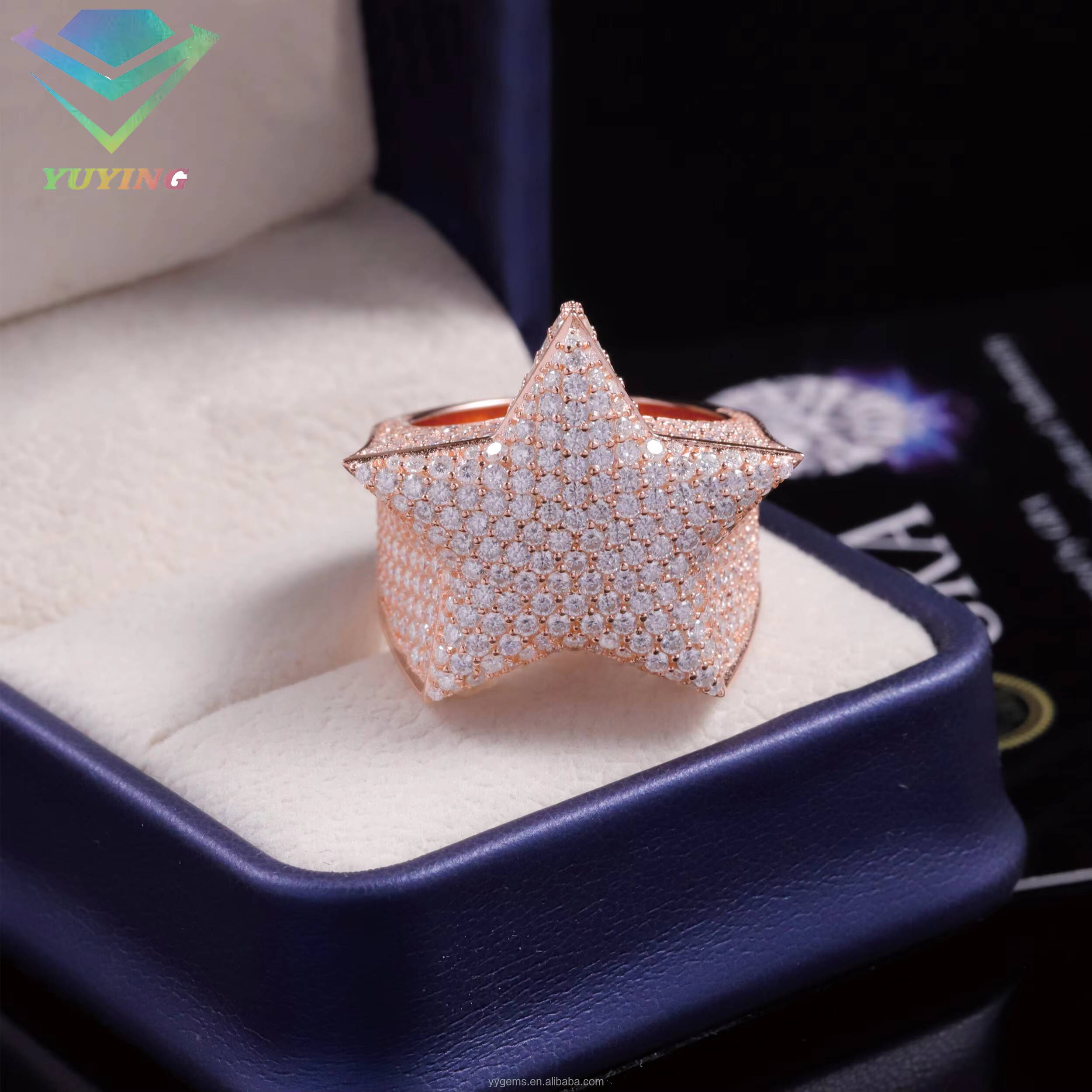 Fashion Hip Hop Lucky Star Fine Jewelry Full Iced Out Gold Plated 925 Sterling Silver VVS Moissanite Diamond Star Ring Men Women