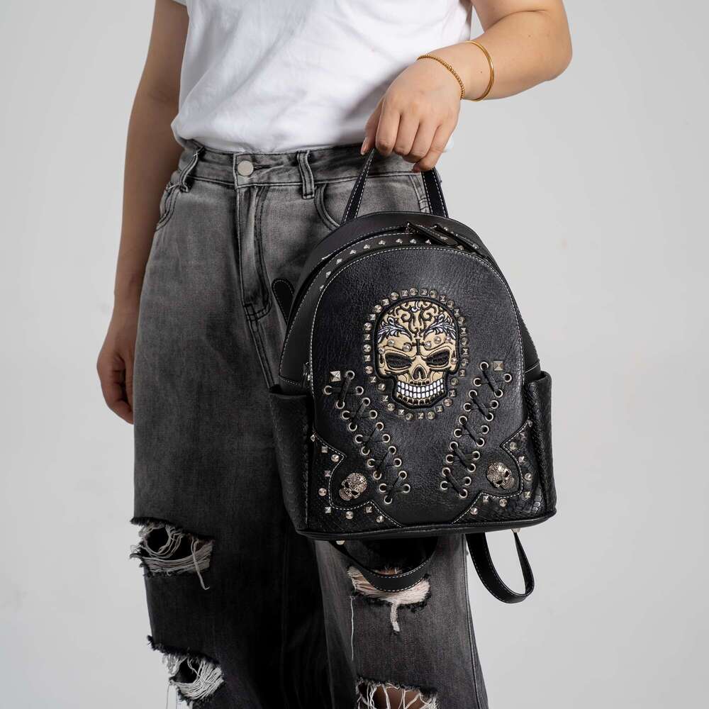 JINXIANGGUO Sugar Skull Punk Art Studded Motorcycle Women S Fashion Python Backpack Crossbody Bag Wallet Black Set Ideal Christmas Gift
