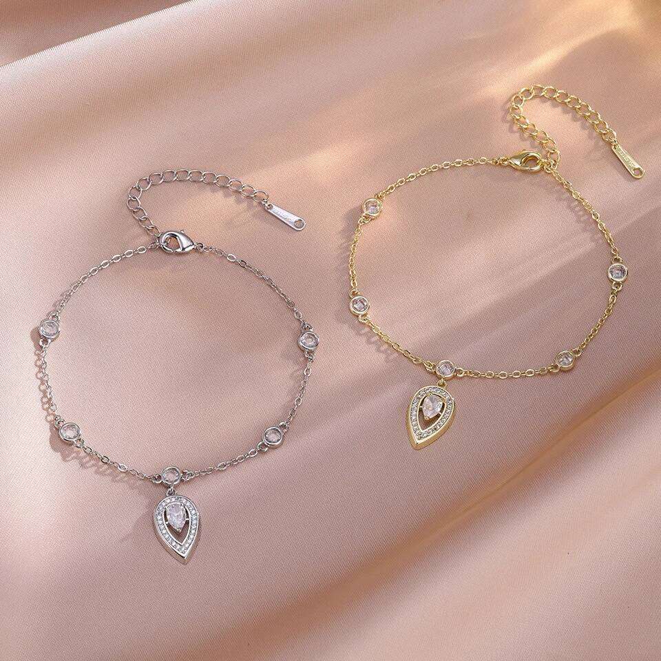 ZAKOL Korean Simple Water Drop Charm for Women Girls Shiny Clear Zircon Thin Chain Bracelet Accessories Gift