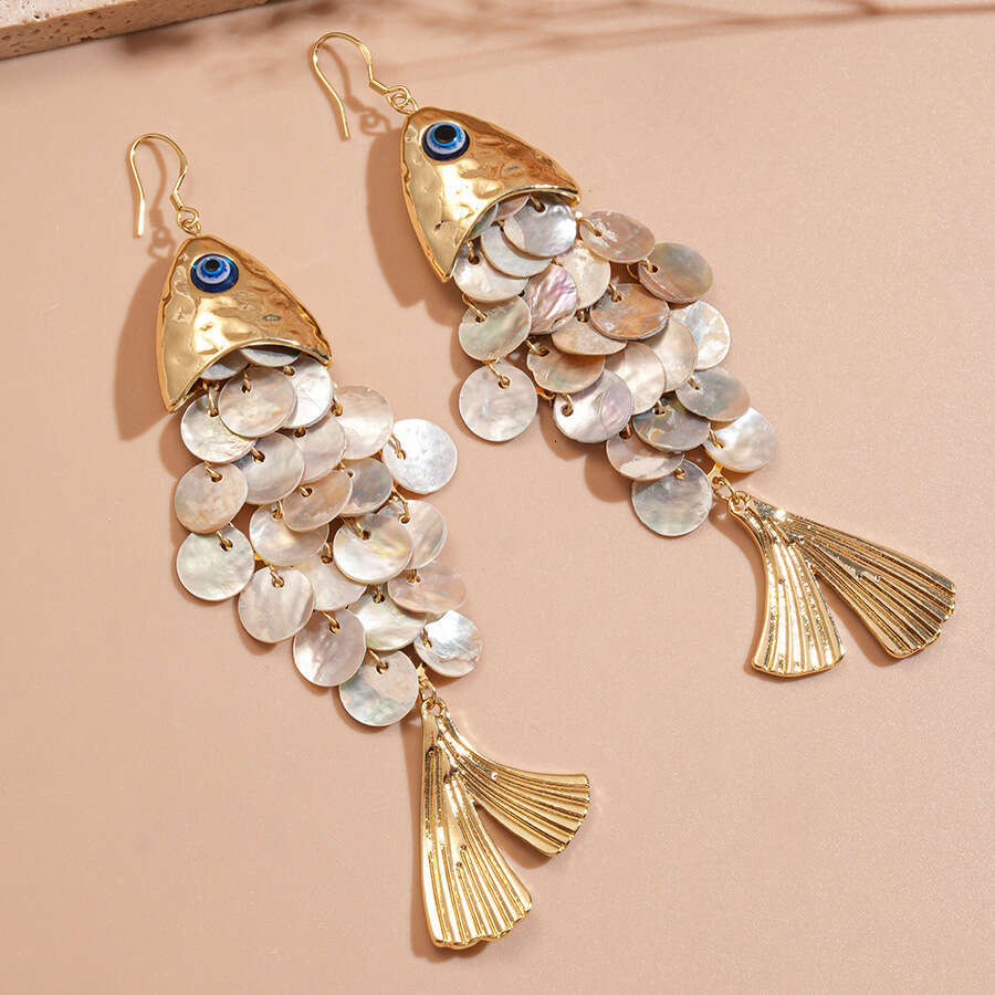 European and American Creative Fish-Shaped Shell Tassel Ear Hooks Beach Vacation Style Elegant Personality High-End Earrings for Women