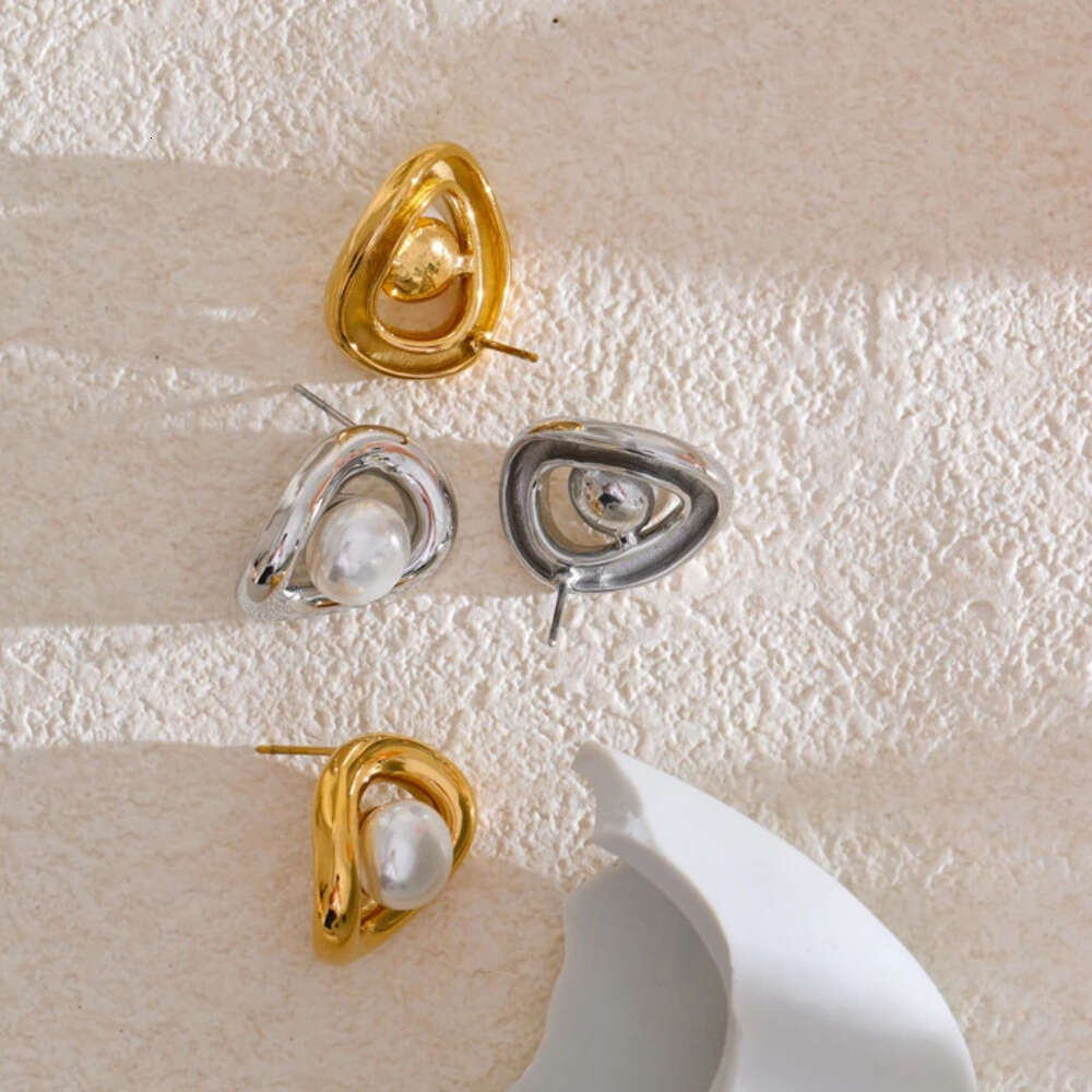 Yhpup Fashion Stainless Steel Simulated Pearls Hollow Oval Geometric Stud Earrings Prevent Allergy Metal Arrival Jewelry Daily Liuyuemoshang